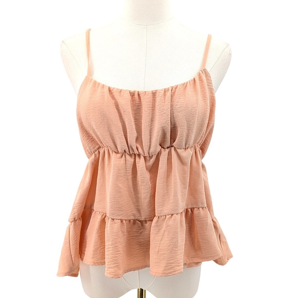 Tiered Ruffle Tank Blouse Flowy Cami Top Peach Boho Lightweight XL